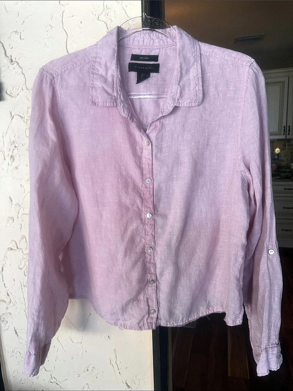 Tahari Linen Button Down Shirt in Pink Size Large